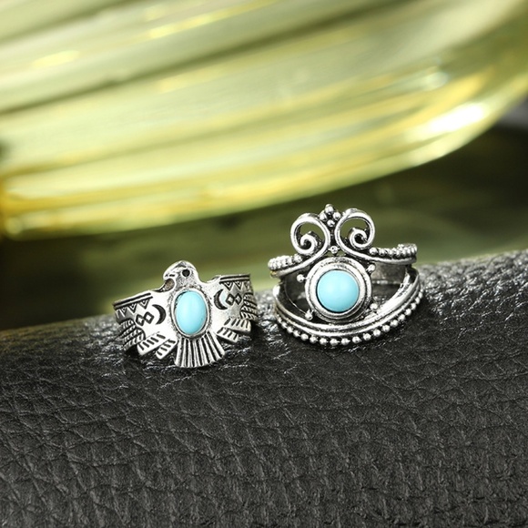 **HALONA* 11-Pc Silver Moon x Turquoise Ring Set - Picture 8 of 10